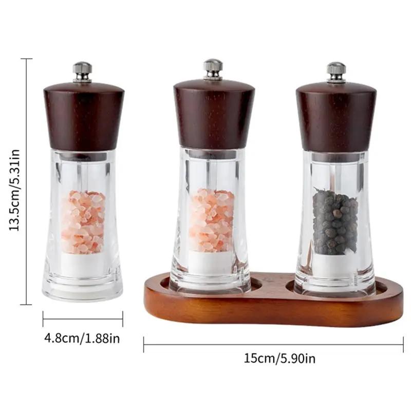 Transparent Acrylic Pepper Grinder Set With Base,Manual Solid Wood Head Rose Sea Salt Pepper Mills Western Seasoning Grinding