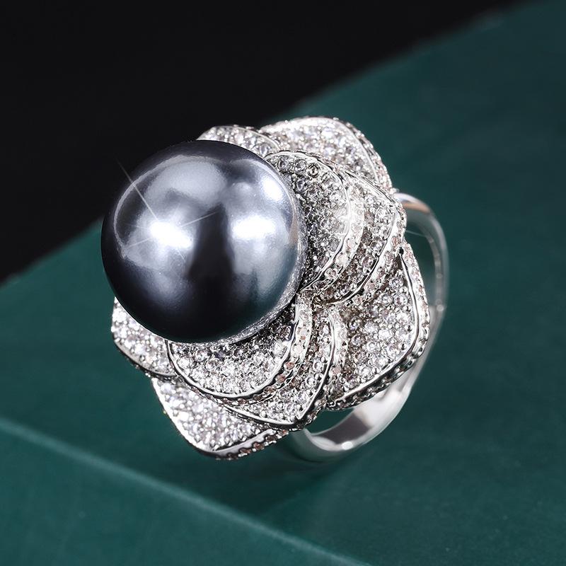 Jewelry Copper Platinum Plated Austrian Fritillary Pearl Diamond Flower Diamond Women'S Ring 14Mm