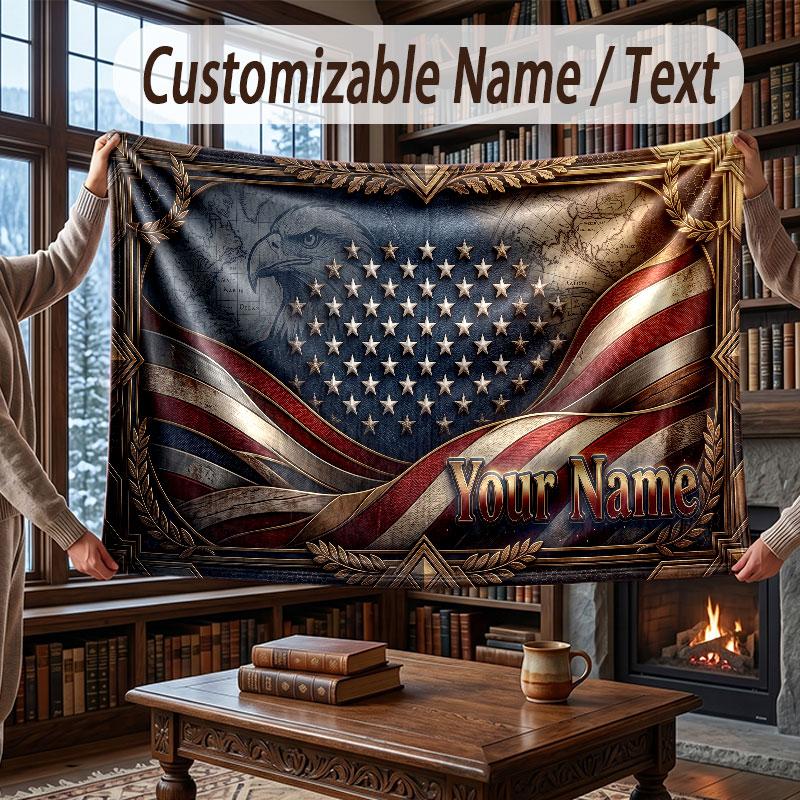 American Patriotic Theme Throw Blanket Custom Name Text Personalized Blanket Soft Cozy Blanket for Home Sofa Bed