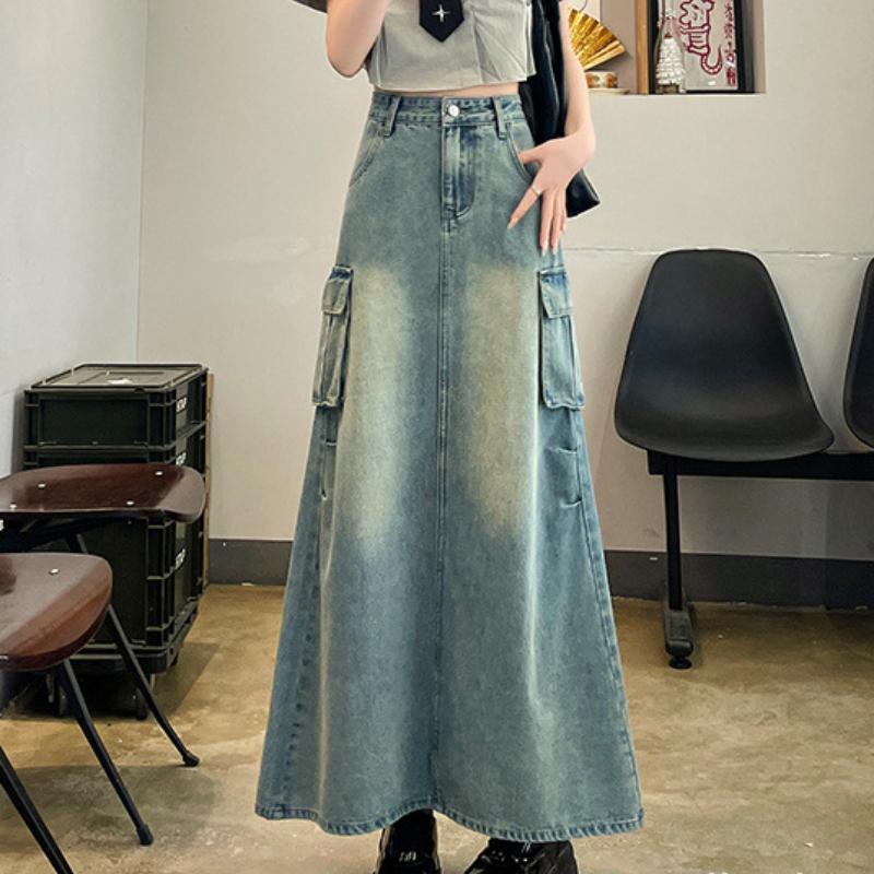 Retro High-waist Denim Skirt for Women In Spring New Style Workwear Large Pocket A-line Hip Slit One-step Skirt