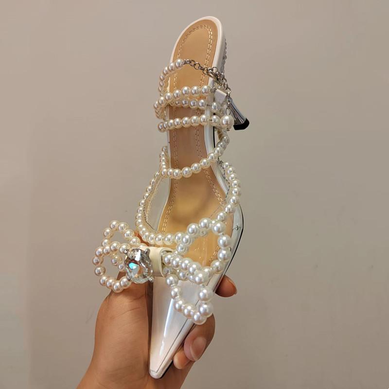 Fashion Luxury Rhinestone Soft Clear PVC Women Pumps Sexy Ankle Strap Pearls Bowknot Thin High Heels Fashion Summer Wedding Bridal Shoes