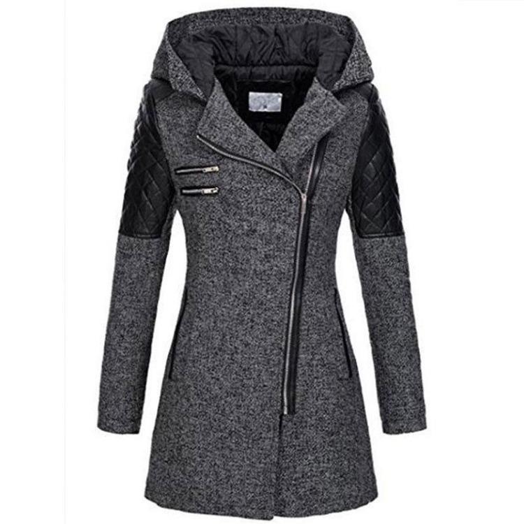 Women Hooded Mid Length Warm Windbreaker Coat with Oblique Zipper Woolen