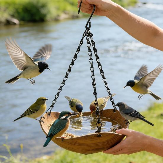 Hanging Bird Bath Wooden Bird Feeder with Chain Outdoor Bird Water Bowl Feeding Tray for Garden Outside Hummingbirds Drinking Bathing