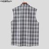 INCERUN Men Lapel Sleeveless Gradient Plaid Print Casual Shirts Tank Tops