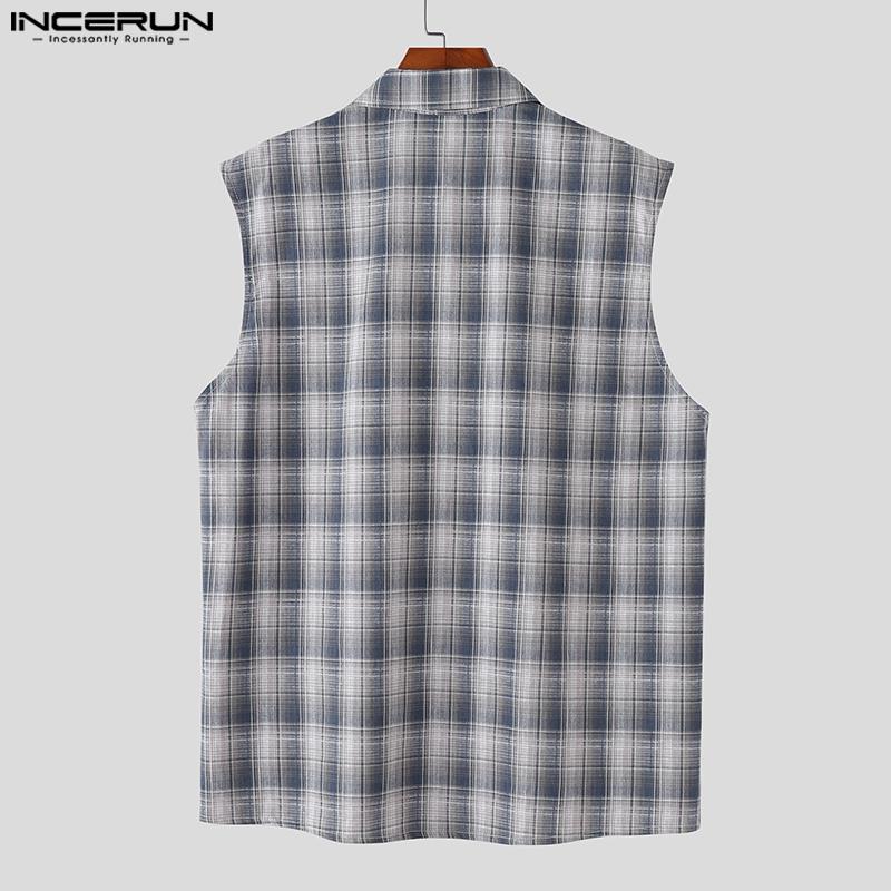 INCERUN Men Lapel Sleeveless Gradient Plaid Print Casual Shirts Tank Tops