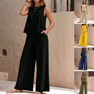Womens Sleeveless Summer Pants Suit Flash Sale Solid Color Elegant Two Piece Round Neck Suit