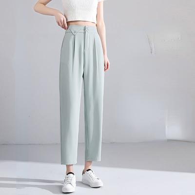 Women Casual  Spring Summer Plus Size Trousers Solid Elastic Waist Ice Silk Pants Ankle Length Harem Pants