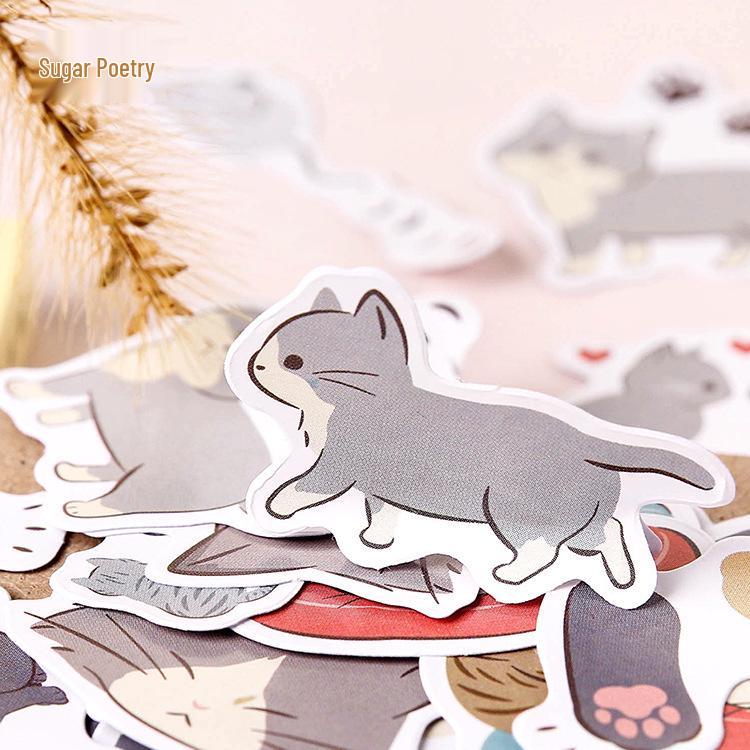 Sugar Poetry Cat Petting Diary Stickers - Self-Adhesive Decorative Set of 45 Pieces