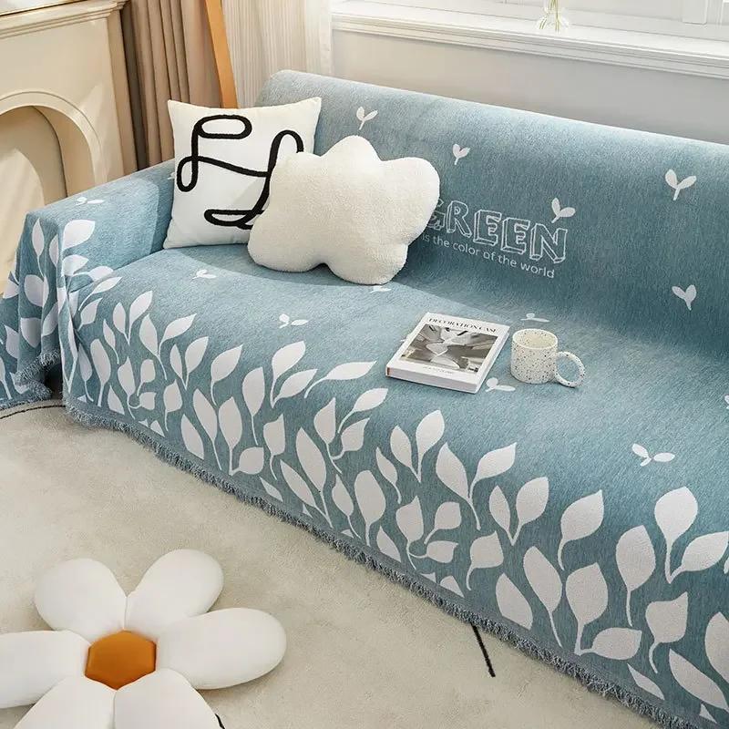 Tassels Sofa Towel Leaves Jacquard Seat Cushion Coveranti Slip Dustproof Full Cover Cloth Towel Chenille   Machine Washable Mat