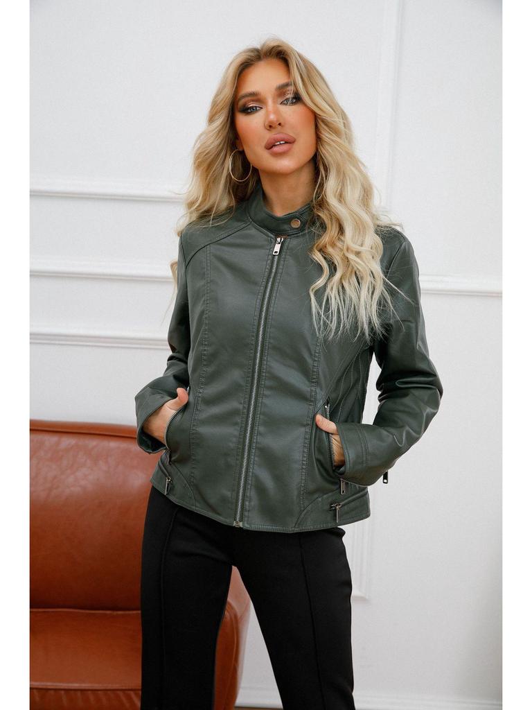 Jachetă de motociclist din piele pentru femei, europeană și americană, slim fit, cu guler înalt, 2022