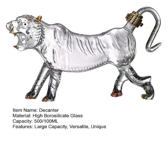 Szklana Karafka na Whisky Tygrys Odporna na Ciepło i Zimno Ręcznie Robiona do Alkoholi 500/1000ml Karafka Unikalna Karafka na Alkohol Prezent na Wino Whisky Rum