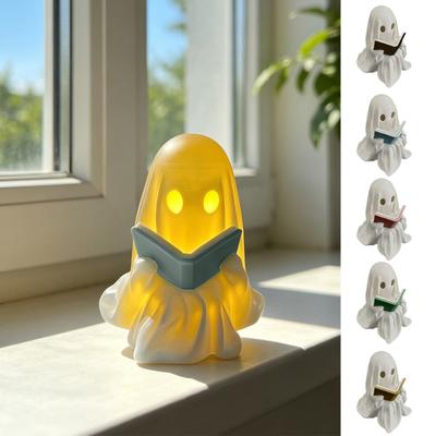 Cute Ghost Reading Book Figurine, Small LED Lighted Halloween Ghost Statue for Home Bookshelf Mantel Desk Decor