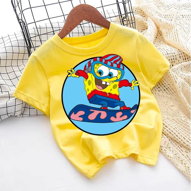 SpongeBob TShirt for Kids Cartoon Design Round Neck for Boys and Girls Cotton Casual Streetwear Short Sleeve Kids Tops