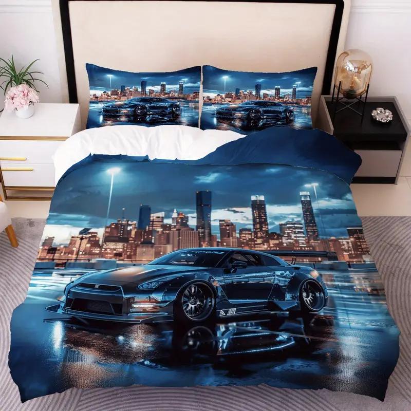 Racing Car Duvet Cover Set - 3D Cartoon Vehicle Print All-Season Bedding Set- 100% Polyester Breathable Fabric, Machine Washable