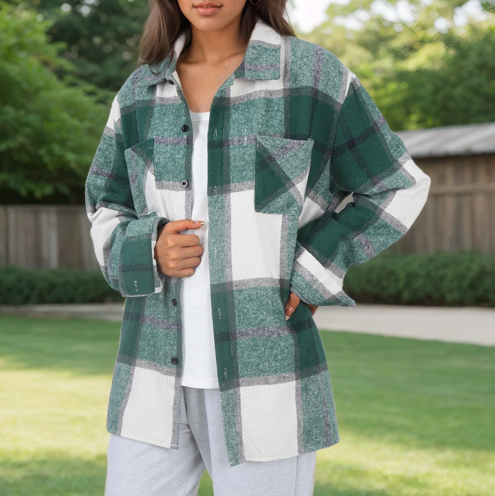 

Женское пальто и зимняя клетчатая рубашка с пуговицами, модное шерстяное пальто XXXXL зелёный