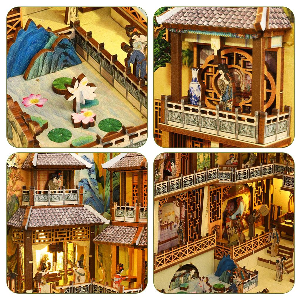 Kit de coin de livre DIY Puzzle 3D en bois Décor d'insertion d'étagère avec lumière LED à capteur Kit de modèle de maison de poupée miniature DIY pour enfants Adultes