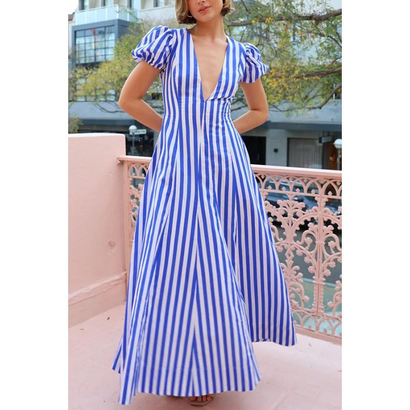 V-Neck Striped Bubble Sleeve A-Line Maxi Dress High Waist Cotton Blend Casual Streetwear Small синий