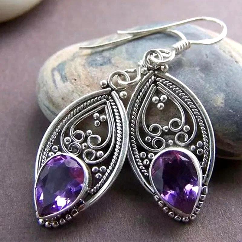 Vintage Hollowed Hand Carved Purple Synthetic Zirconia Dangle Earrings for Women Exquisite Gorgeous Banquet Jewelry Accessories