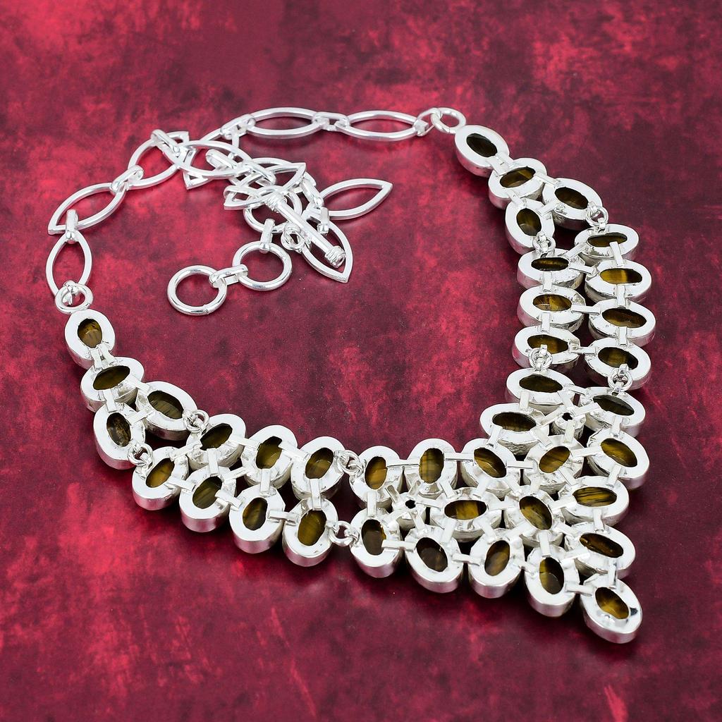 Tigerauge 925 Massiv Sterlingsilber Armband, Handgefertigte Edelstein-Halskette, Antikes Armband- & Halsketten-Schmuckset