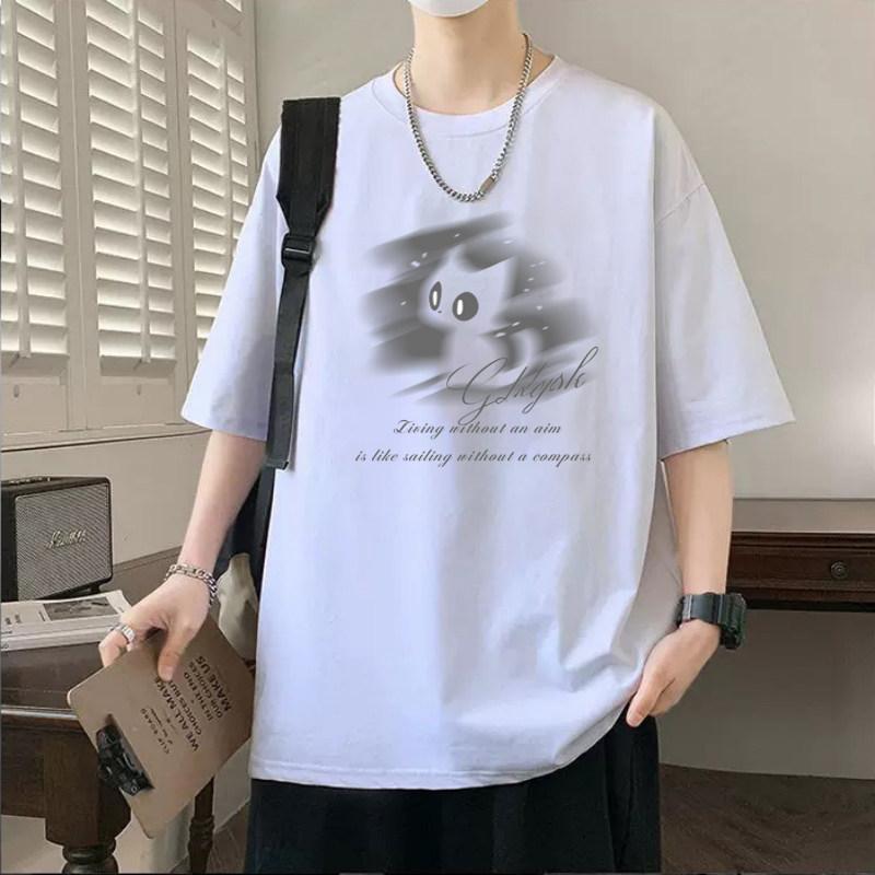 Shortsleeved Unisexs Cotton Tshirt for Summer Pure Cotton Cat Pattern Suitable for Teenagers Loose Fit Halfsleeved Top Dry