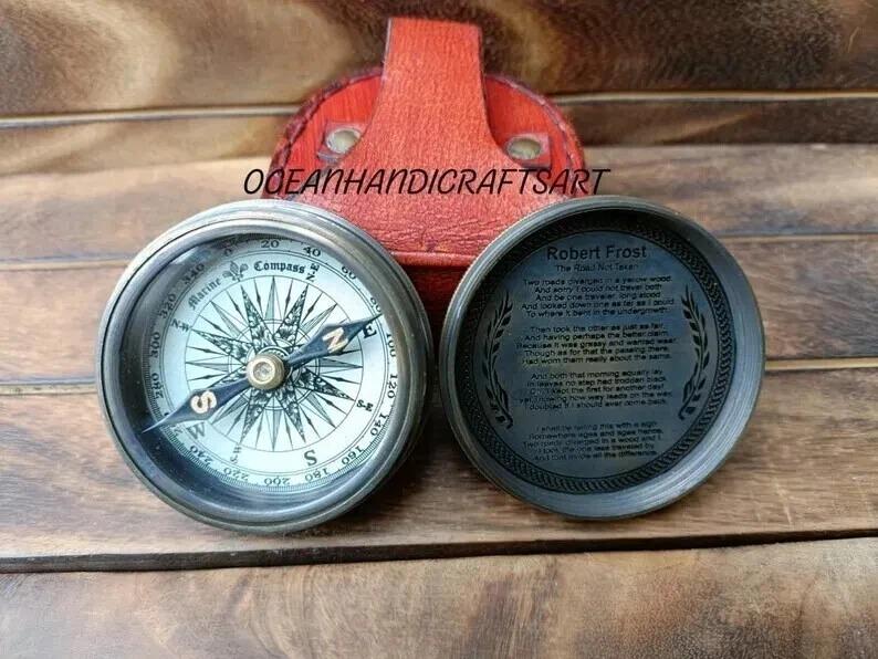 Brass Poem Compass Working Brass Pocket Compass with Leather Case