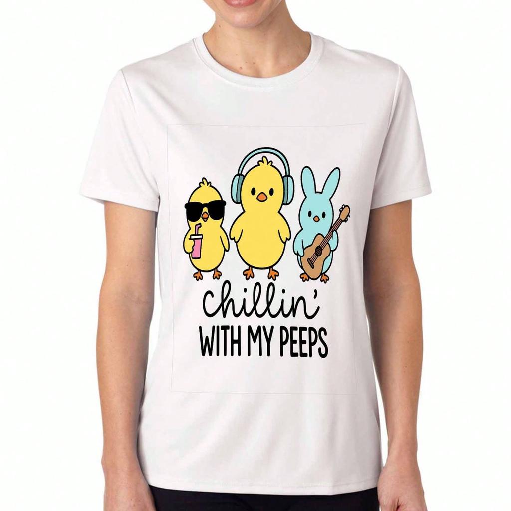 Chillin' With My Ladies' Cotton T Shirt, Pure Cotton Premium Printing, Durable, Casual And Fashionable. Cute Chicks And Bunny Graphic Design Unisex T