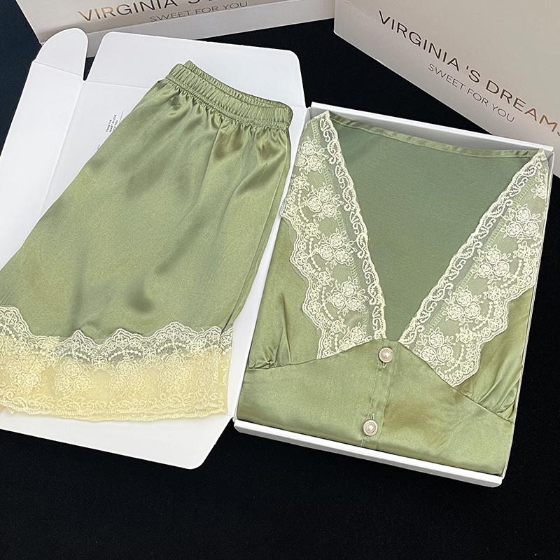 Lace Beads Button Elegant Classy Women's Pajamas Short Sleeve Shorts Bubble Sleeves Housewear  Summer Casual