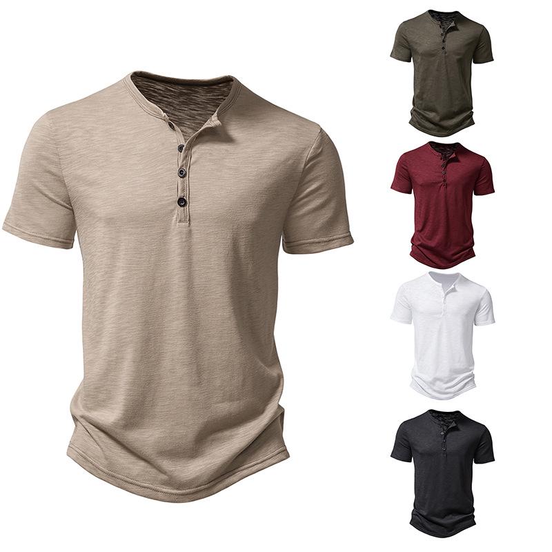 Maglietta Polo da Uomo con Collo Henley, Taglia Europea, Colore Unito, Manica Corta Casual, Collezione Primavera & Autunno.