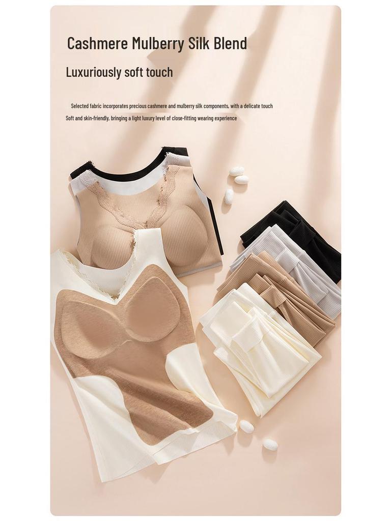Women's V-Neck Long Sleeve Thermal Set: Warm Ginger Camellia Oil Cashmere Silk Base Layer with Slim Fit Trousers for Autumn.