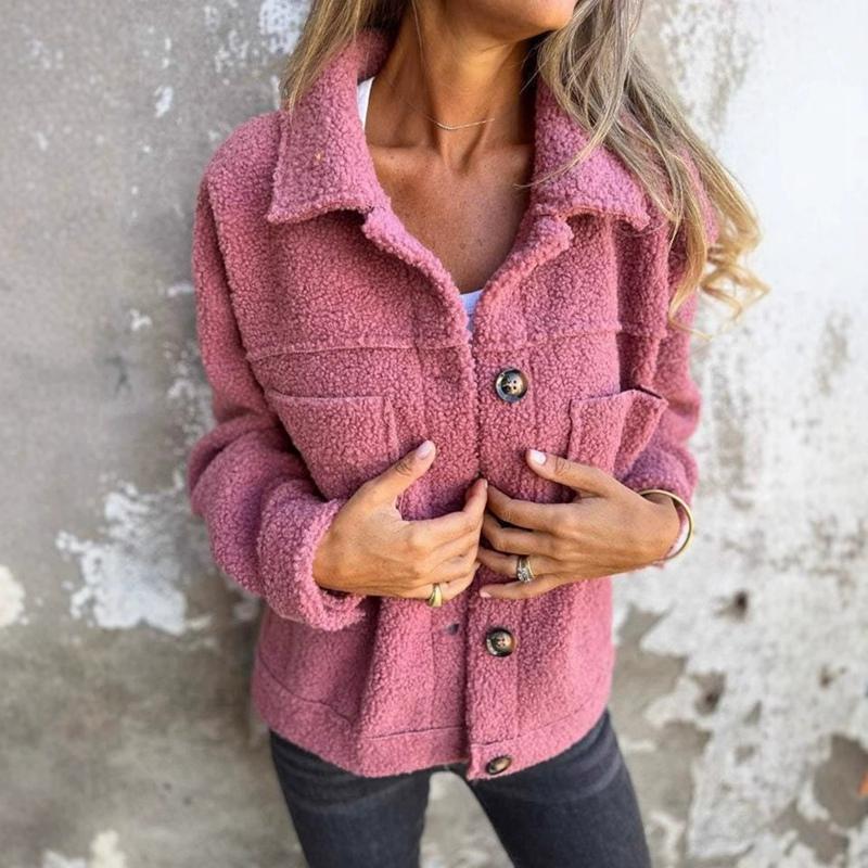 Women Autumn Winter Solid Color Lapel Lamb Wool Jacket Casual Coat