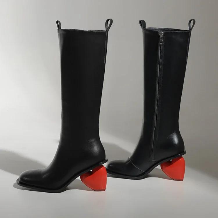 Fashion New Retro Sexy Round Toe Peach Heart Heel Side Zipper Knee High Boots European American Fashion Show Color Blocked Women's Boots