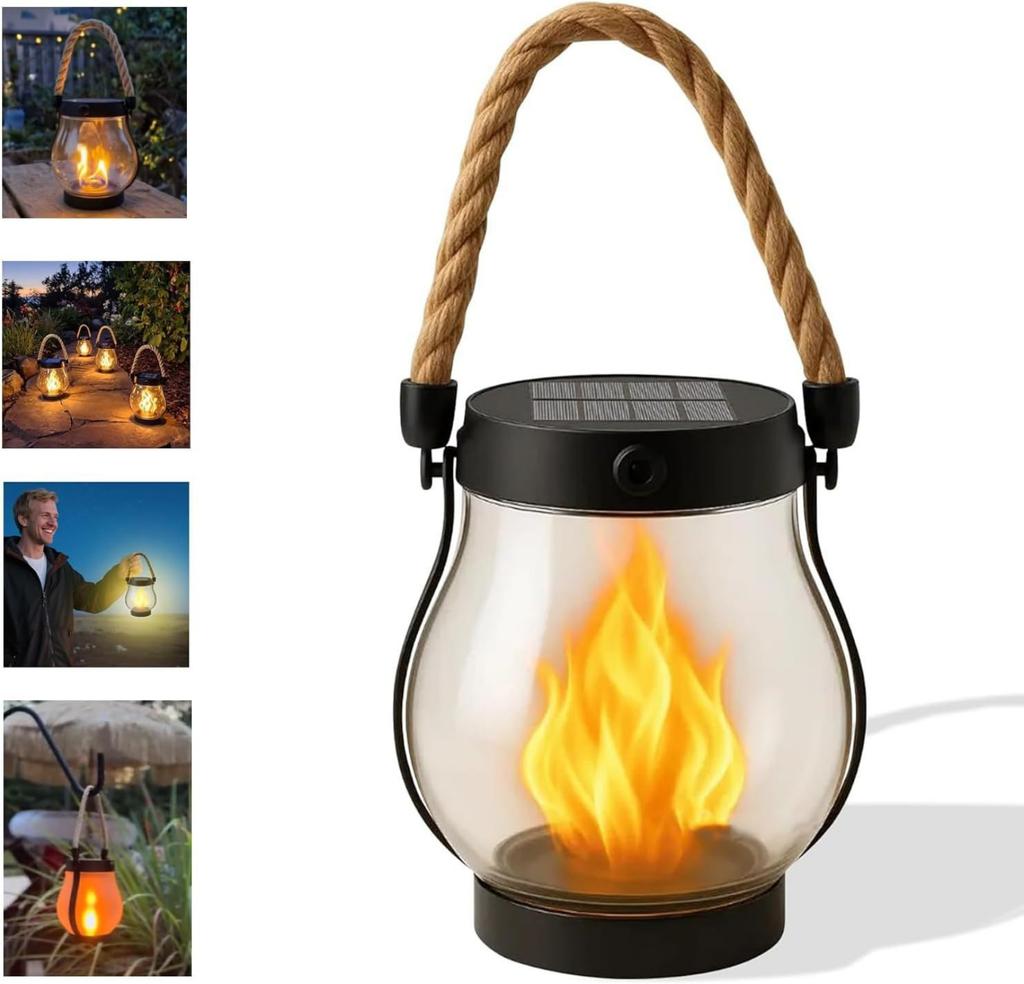 Solar Flame Lantern Outdoor Camping Light Decorative Atmosphere Lamp for Garden Patio Hanging Rope Handle Waterproof