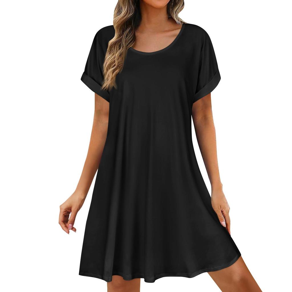 Womens Summer Dresses  Short Sleeve Casual Beach Tshirt Dress Round Neck Loose Swing Sundress