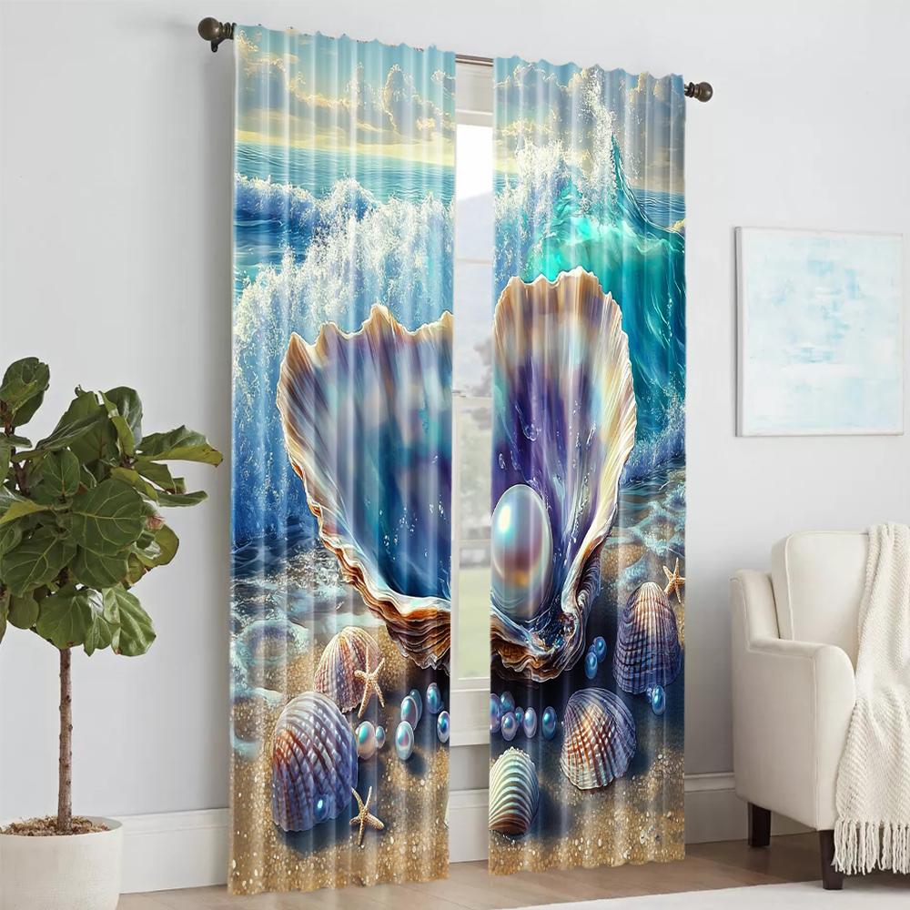 2 pcs   versatile polyester transparent curtains for home decoration Beach Shells for use in bedrooms and living rooms