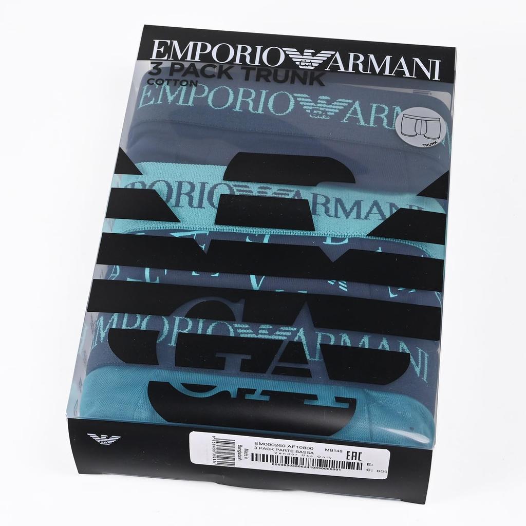 Emporio Armani Men's XL Boxer Briefs, Solid Color with Logo Print, 3-Piece Set, Blue, EM000260 AF10800 MB148, Made In Italy [Parallel Import]