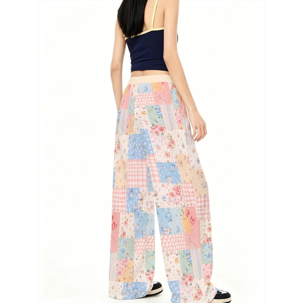 Women's Fashion Sports Wide-leg Trousers Multi-color Block Plaid Small Floral Splicing Contrasting Color Full Print Casual Trousers