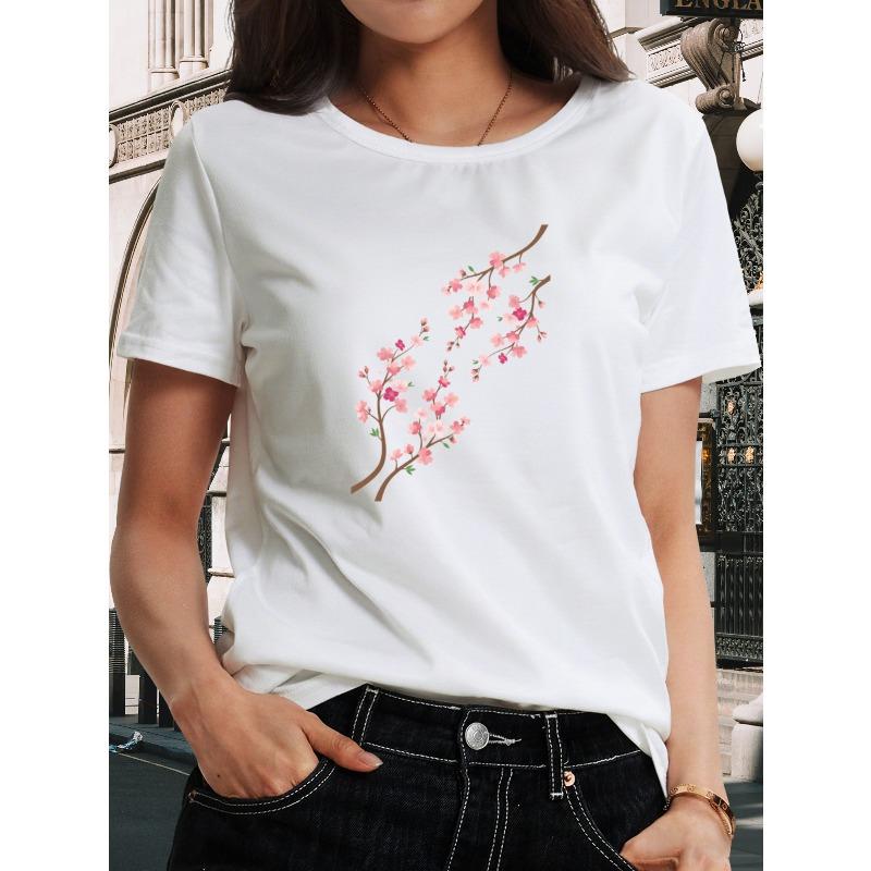 Women's Crew Neck Short Sleeve T-Shirt Cherry Blossom Pattern Japanese Festival Element Print Casual Trendy Spring Summer Top