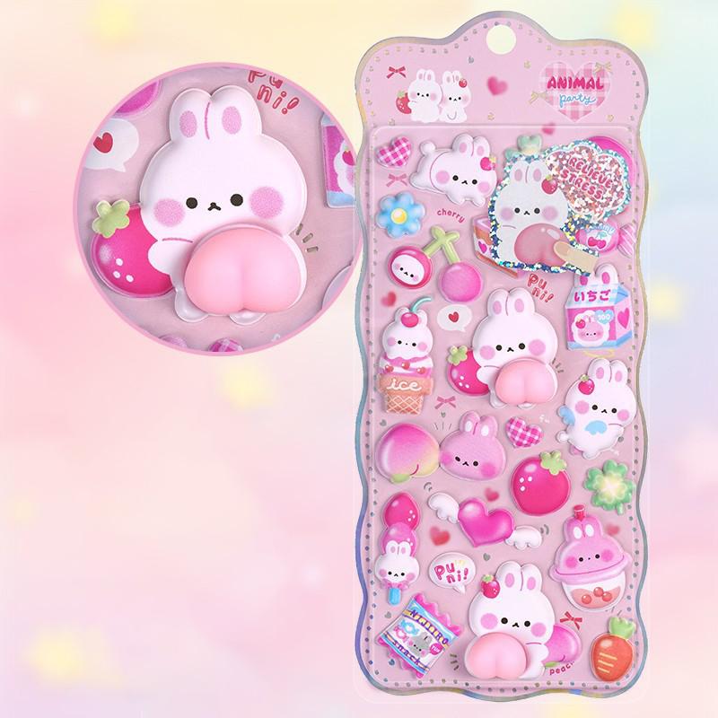 Kawaii Cartoon Soft Cute Little Rabbit 3D Pinching Relaxing Butt Stickers Cute DIY Mobile Book Decoration Stickers Festival Gift