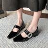 Fashion Clearing Warehouse Mary Janes Shoes for Women Leather Shoes Low Heels Black Leather Rhinestone Buckle Soft Comfortable Pumps