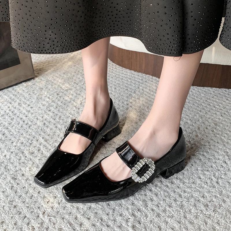 Fashion Clearing Warehouse Mary Janes Shoes for Women Leather Shoes Low Heels Black Leather Rhinestone Buckle Soft Comfortable Pumps