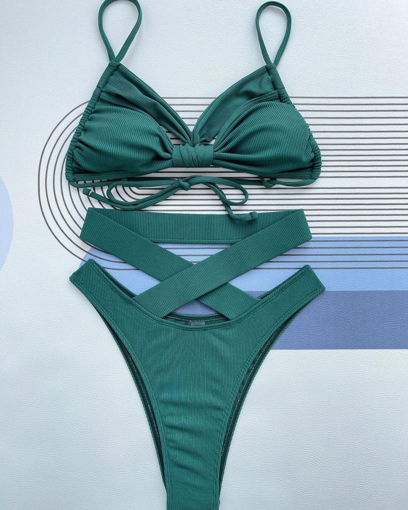 Damski strój kąpielowy w jednolitym kolorze, w paski Halter, seksowny krawat na plecach, bikini z wysokim stanem, kostiumy kąpielowe