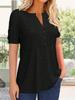 Women's Pleated V Neck T-Shirt Short Sleeve Solid Color Zipper Summer Casual Top