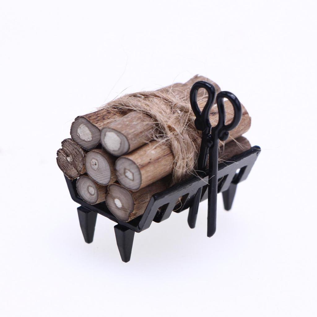 Miniature Dollhouse Fireplace Scene with Black Metal Firewood Rack Accessories