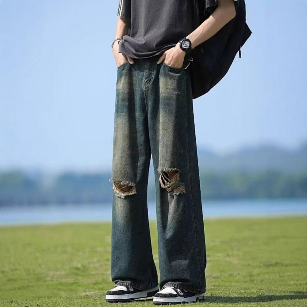 American old retro washed design ripped jeans men's summer trendy brand straight loose wide-leg mopping pants