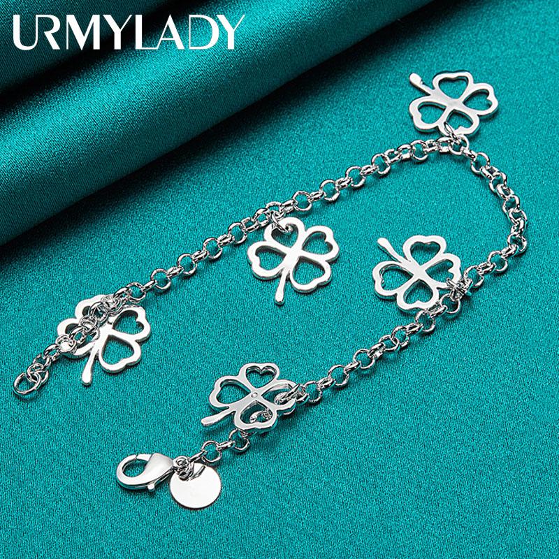 925 Sterling Silver Four Leaf Clover Pendant Bracelet For Women Wedding Party Fashion Charm Jewelry