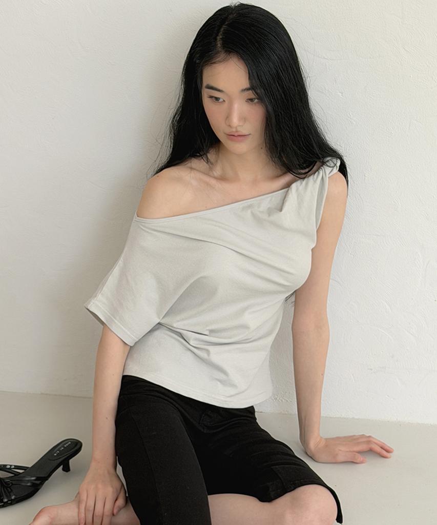 Seuteulaipeumagalin Drape Shirring One-Shoulder Slim Short Sleeve Light Gray