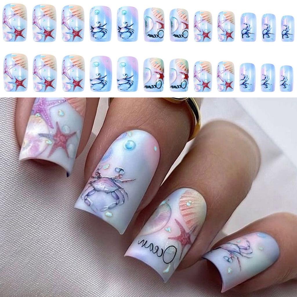 24 Pieces Acrylic Press On Nails Blue 3D Texture Design False Nail Starfish Summer Nail Set Full Cover Stick On Nail