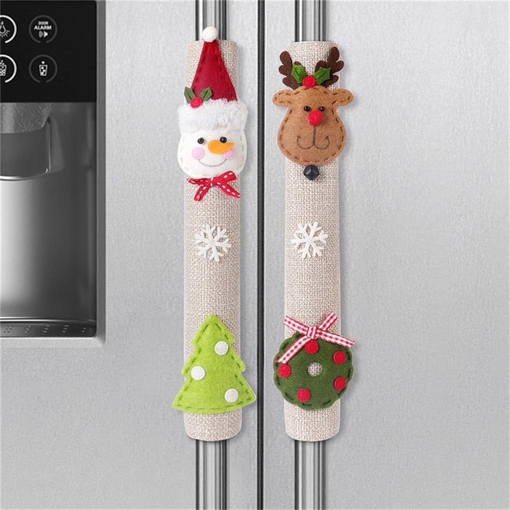 Christmas Home Decoration Supplies  Snowman Elk Linen Refrigerator Handle Stickers Microwave Handle Cover