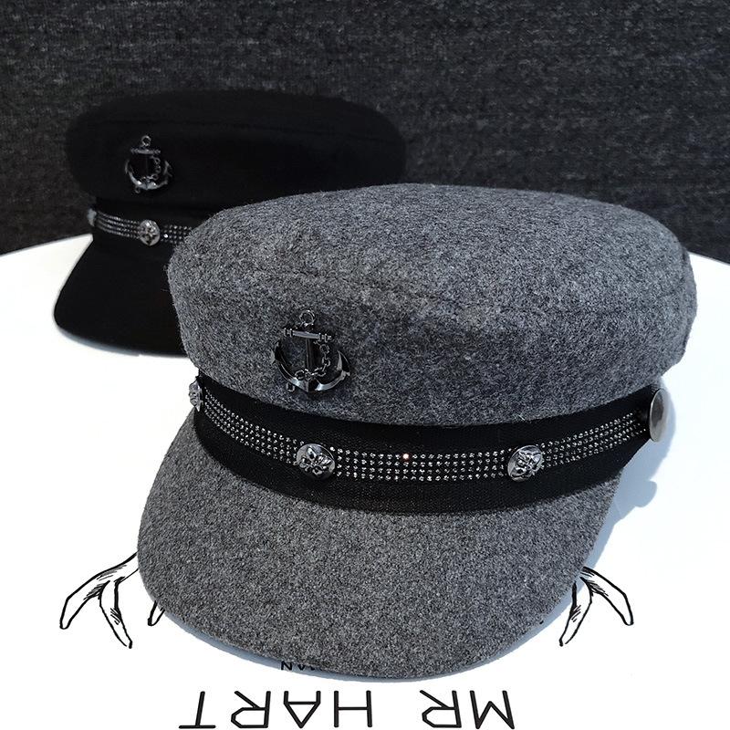 Winter hat new female tide Internet celebrity navy hat autumn and winter woolen rivet beret flat hat
