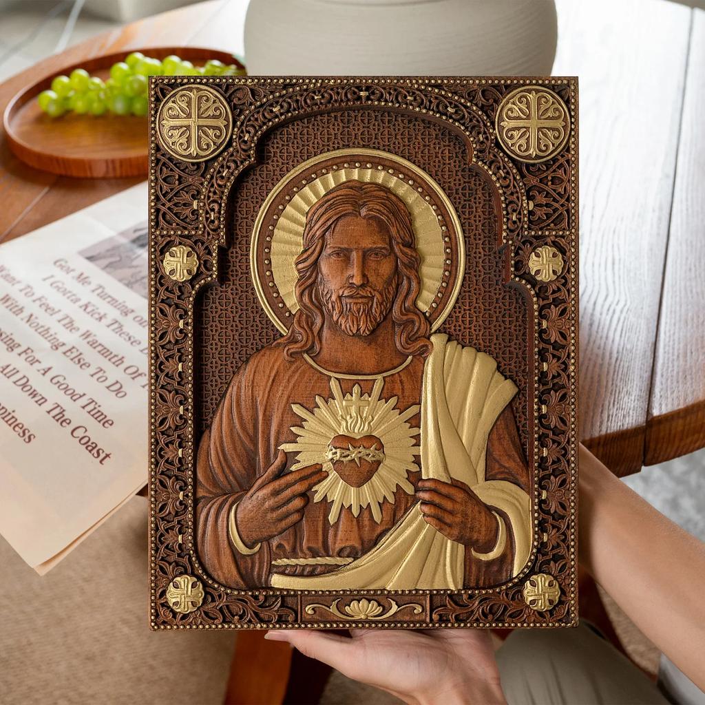 Vintage Religious Wooden Plaque Sacred Heart of Jesus Catholic Jesus Statue, Wall Hanging, Church Room, Home Decor